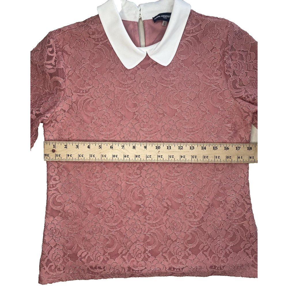 Karl Lagerfeld Shirt Womens Size Small Pink & White Floral Lace Collar Blouse - Picture 7 of 11